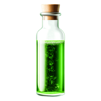 Glass Bottle with Green Liquid and Cork Stopper on png