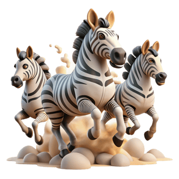 vibrant contemporary extraordinary modern A herd of zebras galloping across the African savanna, kicking up dust under the intense midday sun, illustrated in a bold, graphic novel style 4K exclusive png