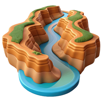 dramatic contemporary impressive vintage A winding river cutting through a canyon, aerial view, midday sunlight, realistic style detailed detailed png
