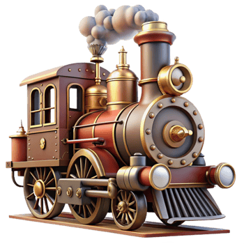 wonderful contemporary elegant abstract A powerful steampunk locomotive engine, billowing steam, intricate pistons and gears, dramatic spotlighting, gritty realism high resolution professional png