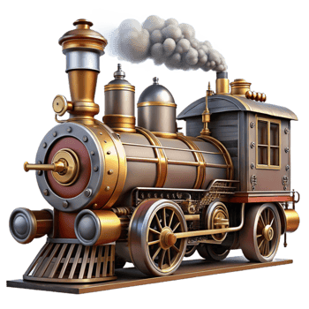 stunning rustic dramatic classic A powerful steampunk locomotive engine, billowing steam, intricate pistons and gears, dramatic spotlighting, gritty realism exclusive original png