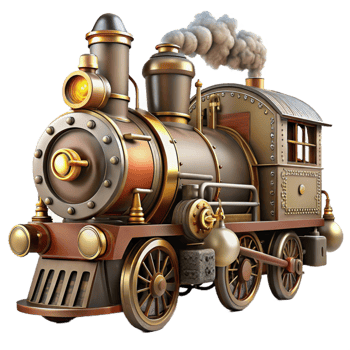 vibrant creative stunning abstract A powerful steampunk locomotive engine, billowing steam, intricate pistons and gears, dramatic spotlighting, gritty realism detailed high quality png