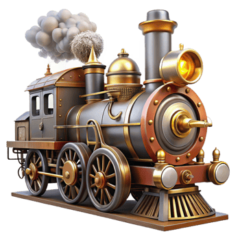 beautiful creative serene artistic A powerful steampunk locomotive engine, billowing steam, intricate pistons and gears, dramatic spotlighting, gritty realism premium exclusive png