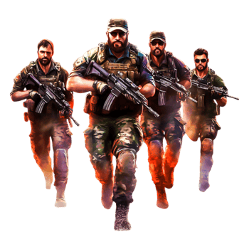 Action-packed Military Team Advancing with Weapons in Combat Scenarios png
