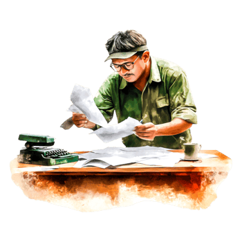 Vintage Writer at Desk Reviewing Papers with Typewriter and Coffee png