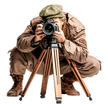 Photographer with Camera on Tripod Capturing Nature Scene Outdoors png