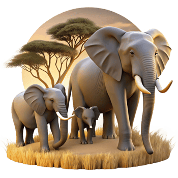 beautiful modern beautiful abstract A family of elephants walking across a dry savannah, dusty atmosphere, golden hour lighting, realistic style 4K 4K png