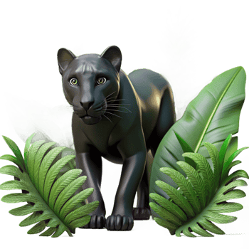 serene contemporary extraordinary minimalist A sleek black panther stalking through dense jungle foliage, dappled lighting, dramatic perspective, photorealistic style premium high resolution png