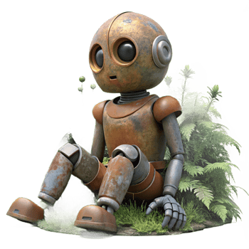 dramatic creative extraordinary minimalist A dilapidated robot sitting in a overgrown garden, rust and vines covering its metallic body, soft natural lighting, melancholic style detailed professional png