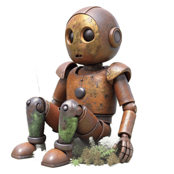stunning minimalist dramatic contemporary A dilapidated robot sitting in a overgrown garden, rust and vines covering its metallic body, soft natural lighting, melancholic style genuine high resolution png