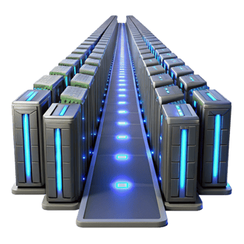 dramatic creative stunning artistic A giant server farm stretching into infinity, rows of blinking lights, dark and mysterious, sci-fi style high quality high quality png