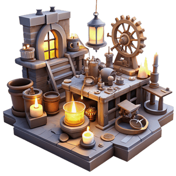 beautiful modern extraordinary vintage A cluttered steampunk workshop, filled with tools, gears, and half-finished inventions, dim candlelight, gritty realism style genuine genuine png