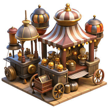 wonderful rustic beautiful artistic A bustling steampunk market filled with eccentric vendors and strange inventions, warm market lighting, impressionistic style professional genuine png
