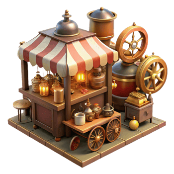 vibrant artistic magnificent creative A bustling steampunk market filled with eccentric vendors and strange inventions, warm market lighting, impressionistic style professional premium png
