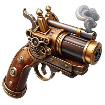 impressive rustic magnificent contemporary A detailed illustration of a steampunk pistol, polished brass and dark wood, intricate engravings and gears, smoke curling from the barrel, lit by... png