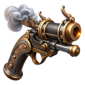 magnificent traditional magnificent classic A detailed illustration of a steampunk pistol, polished brass and dark wood, intricate engravings and gears, smoke curling from the barrel, lit by... png