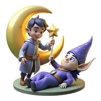 stunning vintage extraordinary creative A mischievous pixie casting a spell on a sleeping knight, moonlight, whimsical illustration style premium exclusive png
