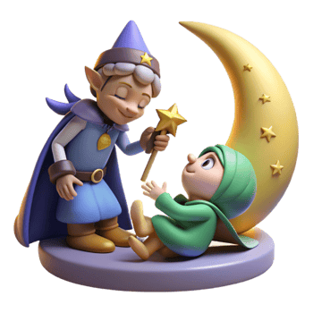 vibrant creative vibrant abstract A mischievous pixie casting a spell on a sleeping knight, moonlight, whimsical illustration style exclusive 4K png