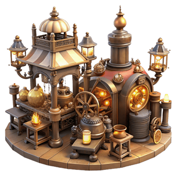 stunning modern stunning minimalist A bustling steampunk marketplace, filled with intricate gadgets and contraptions, vendors in elaborate costumes, lit by warm, flickering gaslight high quality... png