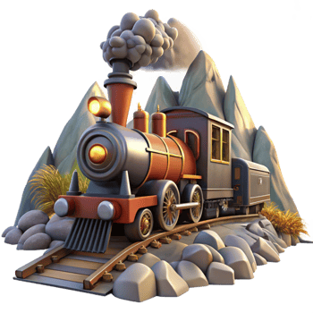 impressive minimalist extraordinary artistic A dynamic scene of a steampunk train speeding through a mountainous landscape, steam billowing from its engine, lit by bright, midday sunlight detailed... png