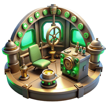 wonderful classic beautiful minimalist A scene inside a steampunk airship control room, filled with levers, dials, and glowing vacuum tubes, illuminated by flickering green lights premium exclusive png