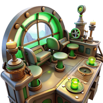 impressive rustic stunning contemporary A scene inside a steampunk airship control room, filled with levers, dials, and glowing vacuum tubes, illuminated by flickering green lights 4K exclusive png