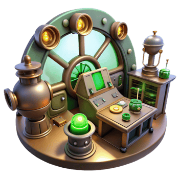 wonderful rustic extraordinary abstract A scene inside a steampunk airship control room, filled with levers, dials, and glowing vacuum tubes, illuminated by flickering green lights 4K detailed png