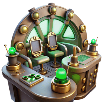 extraordinary minimalist magnificent traditional A scene inside a steampunk airship control room, filled with levers, dials, and glowing vacuum tubes, illuminated by flickering green lights... png