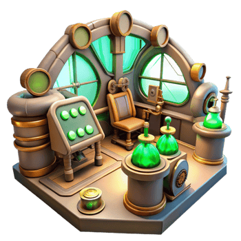magnificent rustic serene minimalist A scene inside a steampunk airship control room, filled with levers, dials, and glowing vacuum tubes, illuminated by flickering green lights genuine 4K png