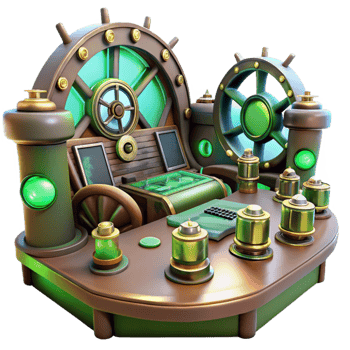 dramatic artistic elegant classic A scene inside a steampunk airship control room, filled with levers, dials, and glowing vacuum tubes, illuminated by flickering green lights original high quality png