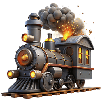 wonderful contemporary extraordinary artistic A steampunk train engine, billowing steam and smoke, its headlights piercing the darkness, illuminated by sparks and embers high quality detailed png