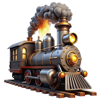 beautiful creative stunning contemporary A steampunk train engine, billowing steam and smoke, its headlights piercing the darkness, illuminated by sparks and embers authentic exclusive png
