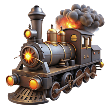 elegant modern serene contemporary A steampunk train engine, billowing steam and smoke, its headlights piercing the darkness, illuminated by sparks and embers professional premium png