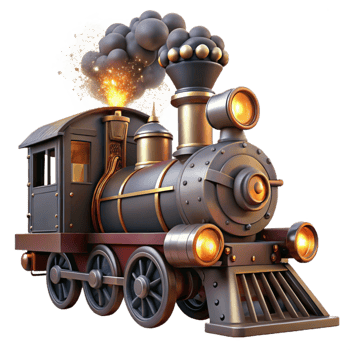 vibrant artistic vibrant creative A steampunk train engine, billowing steam and smoke, its headlights piercing the darkness, illuminated by sparks and embers high quality 4K png