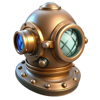 magnificent creative impressive modern A steampunk diver's helmet, its glass faceplate reflecting a mysterious underwater world, illuminated by a single beam of light professional 4K png