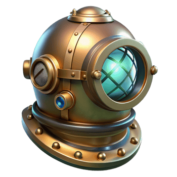 vibrant minimalist serene rustic A steampunk diver's helmet, its glass faceplate reflecting a mysterious underwater world, illuminated by a single beam of light high quality exclusive png