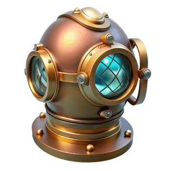 serene traditional magnificent minimalist A steampunk diver's helmet, its glass faceplate reflecting a mysterious underwater world, illuminated by a single beam of light original 4K png