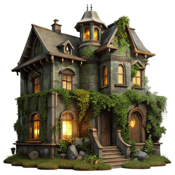 extraordinary rustic elegant minimalist A dilapidated Victorian mansion, overgrown with ivy, illuminated by a single flickering gas lamp through a broken window, eerie atmosphere, dark fantasy,... png