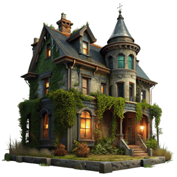 elegant contemporary extraordinary contemporary A dilapidated Victorian mansion, overgrown with ivy, illuminated by a single flickering gas lamp through a broken window, eerie atmosphere, dark... png