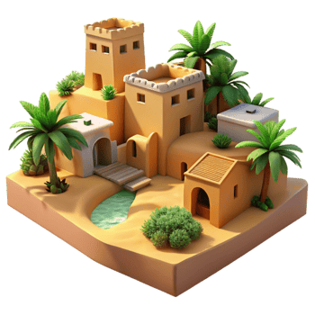 beautiful traditional magnificent traditional A desert oasis village, earthen buildings, lush palm trees, warm midday sun, peaceful atmosphere, photographic style, genuine premium png