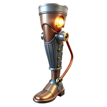 wonderful traditional impressive modern A steampunk prosthetic leg, crafted from polished metal and glowing wires exclusive original png