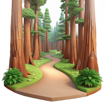 vibrant vintage vibrant abstract A winding path through a lush redwood forest, dappled sunlight, ethereal and dreamlike style premium high quality png