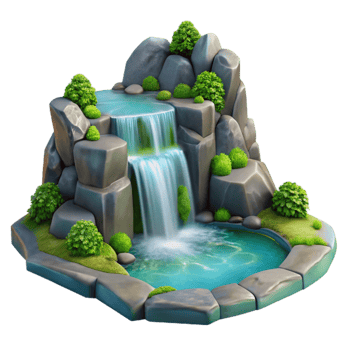 impressive creative dramatic creative A cascading waterfall flowing into a crystal-clear pool, surrounded by moss-covered rocks, soft diffuse lighting, photorealistic style premium genuine png