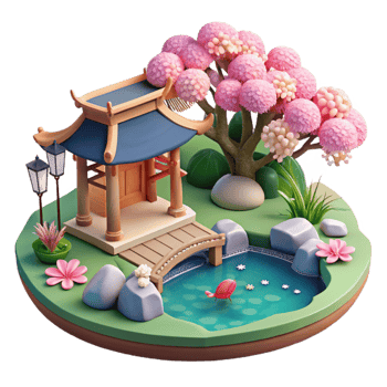 magnificent abstract impressive traditional A serene Japanese garden with a koi pond and cherry blossoms, soft lighting, peaceful style genuine genuine png