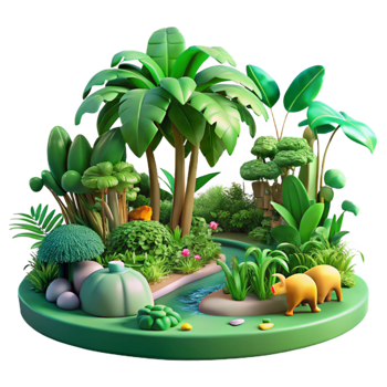 impressive abstract vibrant traditional A lush green jungle with exotic plants and animals, dappled sunlight, vibrant style high quality professional png