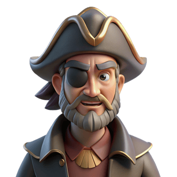 beautiful modern elegant classic Portrait of a grizzled pirate captain with a weathered face and an eye patch, a menacing grin, dramatic chiaroscuro lighting original premium png
