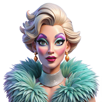 wonderful rustic impressive vintage Portrait of a glamorous drag queen with extravagant makeup and a feathered boa, a confident expression, lit by bright, colorful stage lights high quality premium png