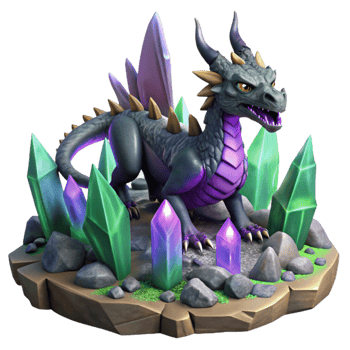 beautiful contemporary serene vintage A fierce dragon with scales of amethyst and emerald guarding a hoard of glowing crystals in a dark cavern, dynamic lighting with volumetric fog, Frank... png