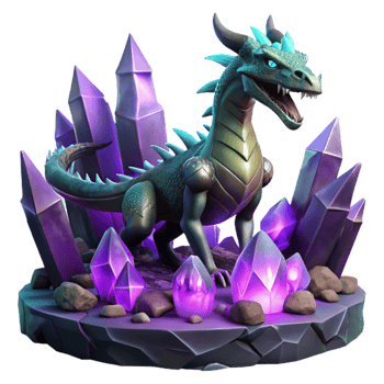 dramatic creative magnificent classic A fierce dragon with scales of amethyst and emerald guarding a hoard of glowing crystals in a dark cavern, dynamic lighting with volumetric fog, Frank... png