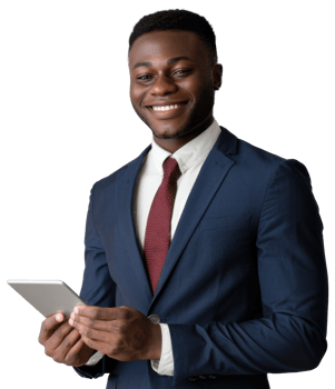 Happy young black business man in a suit holding a tablet png